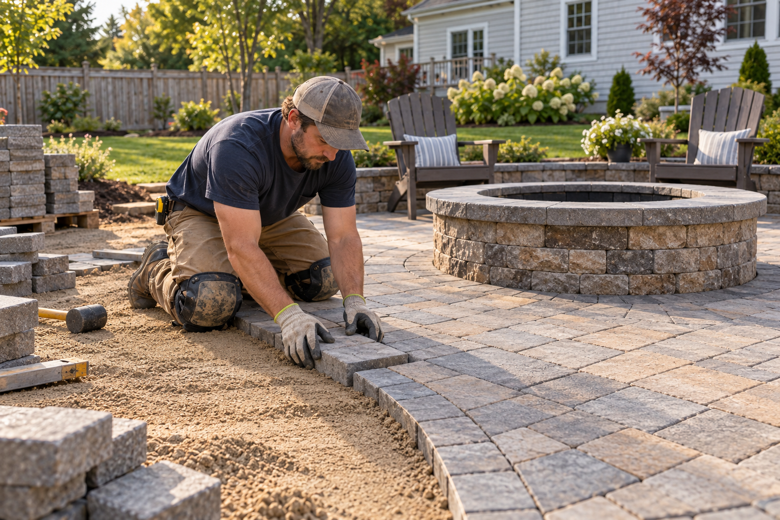 Profissional instalando pavers ao redor de um fire pit de pedra em um quintal americano