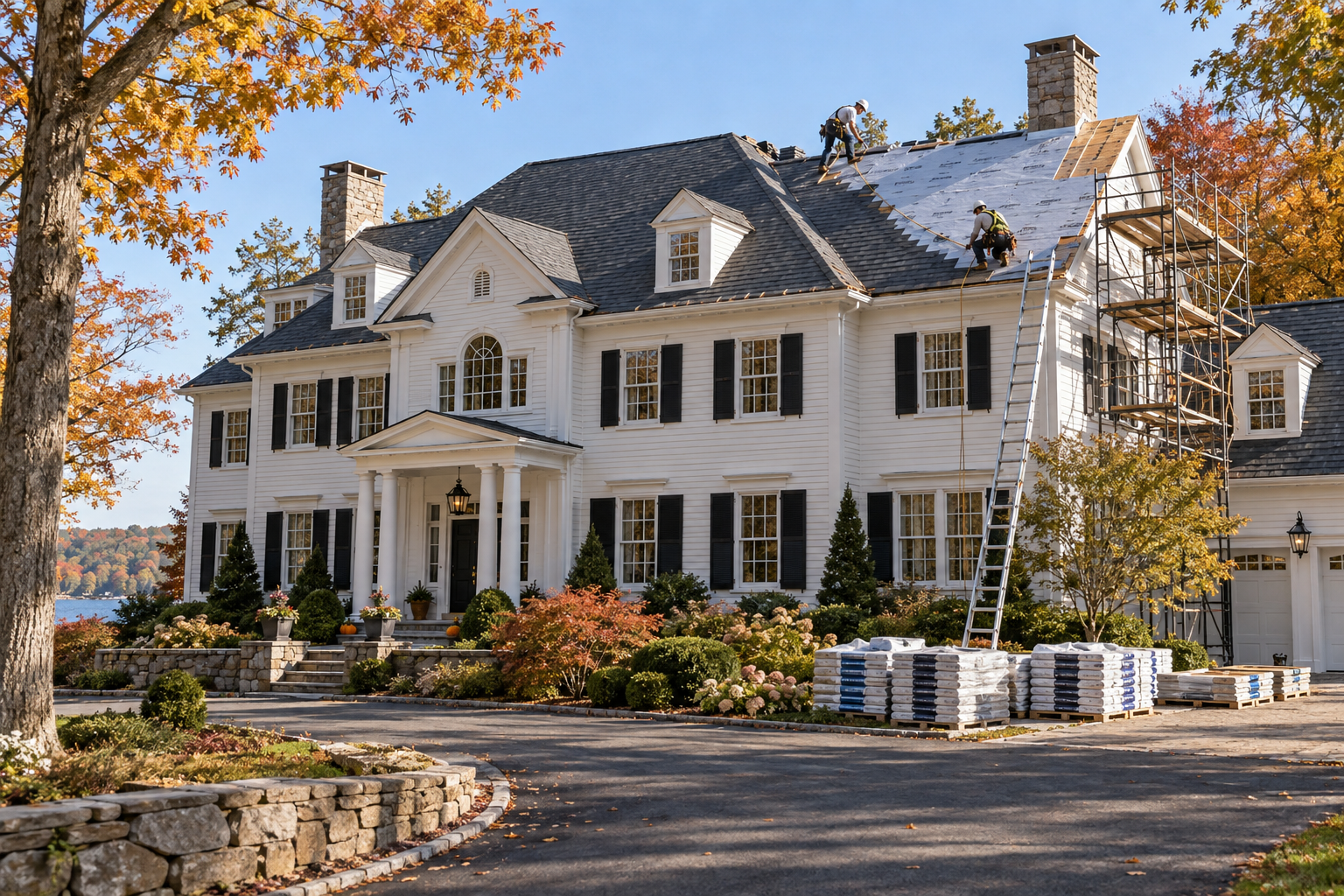 Troca de telhado em um casarão colonial de Massachusetts